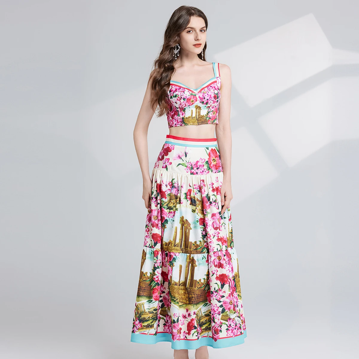 Summer Holiday Crop Tops Long Skirts Sutis Women Two Piece Sets Flower Print Bustier Corset Tops A Line Midi Skirts 2pcs Outfits