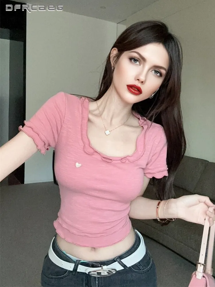 

Розовая милая летняя футболка для женщин, повседневный женский топ с короткими рукавами, облегающая футболка Hotsweet, одежда