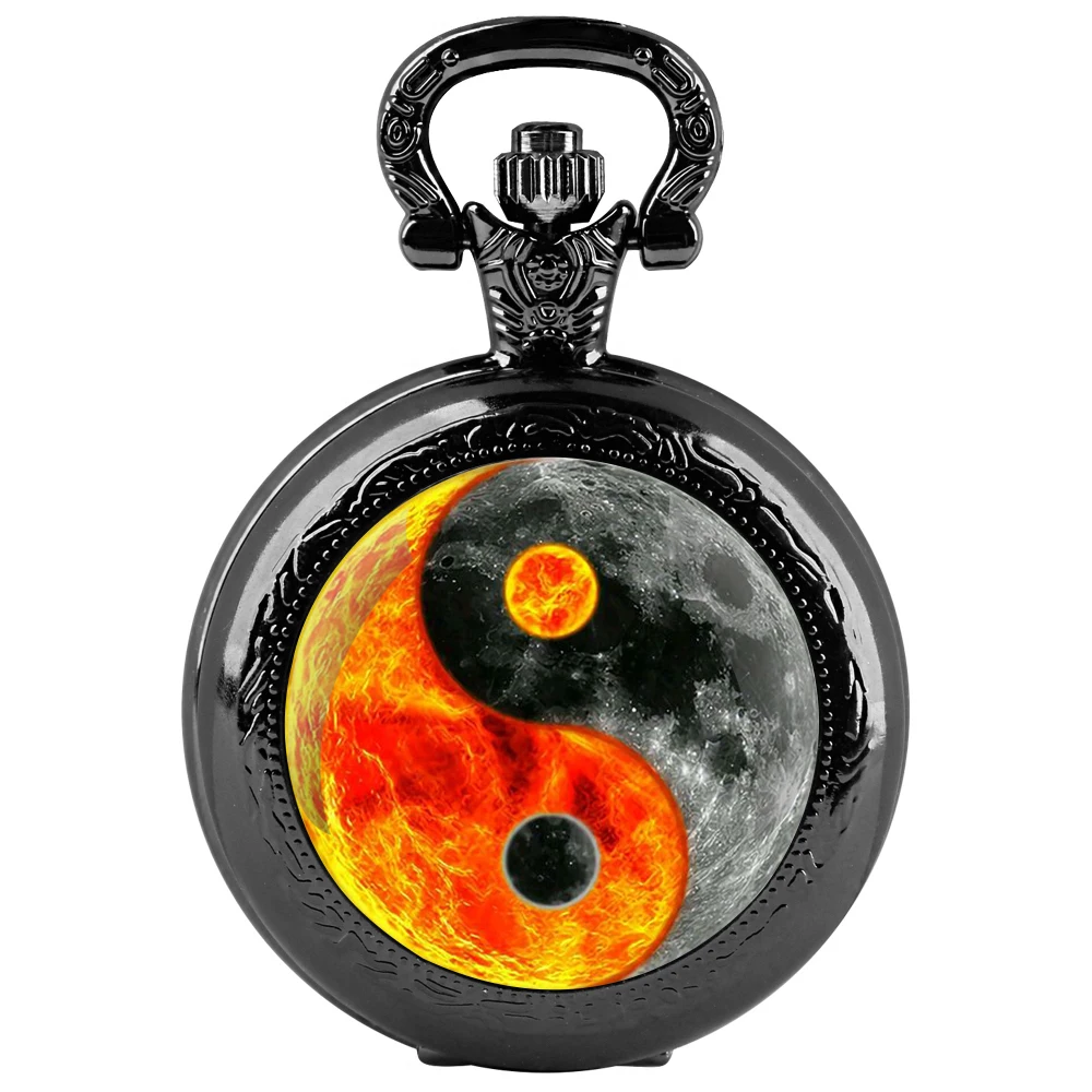ساعة جيب كوارتز سوداء على شكل قبة زجاجية من Yin-Yang مع قرص أرقام عربية وسلسلة متينة هدية كلاسيكية للرجال والنساء