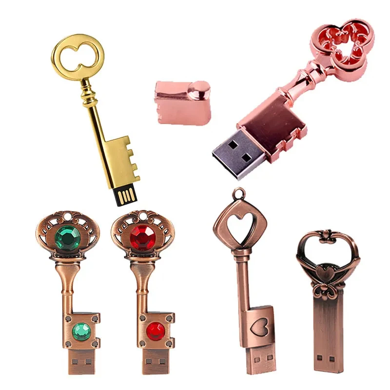 Metal Chave Em Forma de Coração USB 2.0 de Alta Velocidade Flash Drive, Copper Love Pen, Memory Stick, U Disco, Presente Fashion Business, 32GB, 64GB