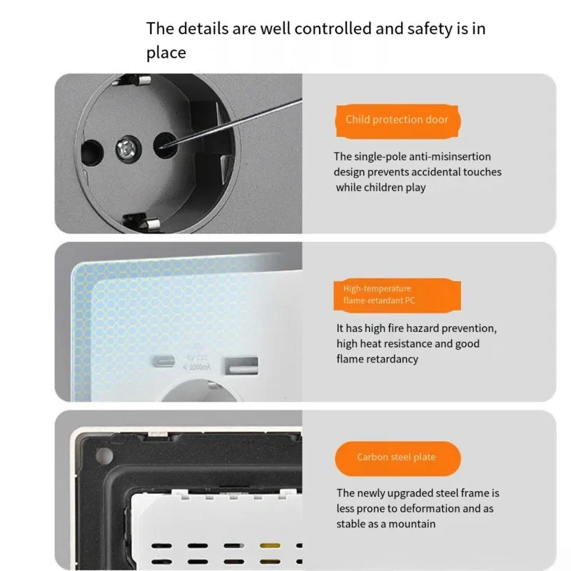 

ABZV-European Standard 16A Wall Socket With USB+ Type-C 2A EU Plug-German Style-Black Design