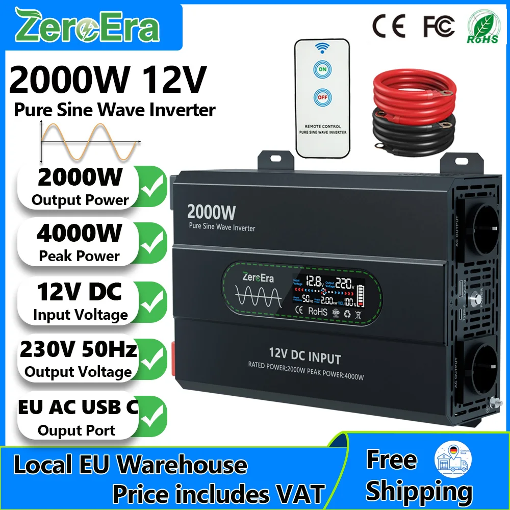 ZeroEra Reiner Sinus-Wechselrichter 2000W 12V DC zu 230V AC 50Hz Tragbarer Auto-Stromwechselrichter für Wohnmobile, LKWs, Camping, Off-Grid-Nutzung mit Fernbedienung, USB-C-Anschluss, EU-Steckdose,