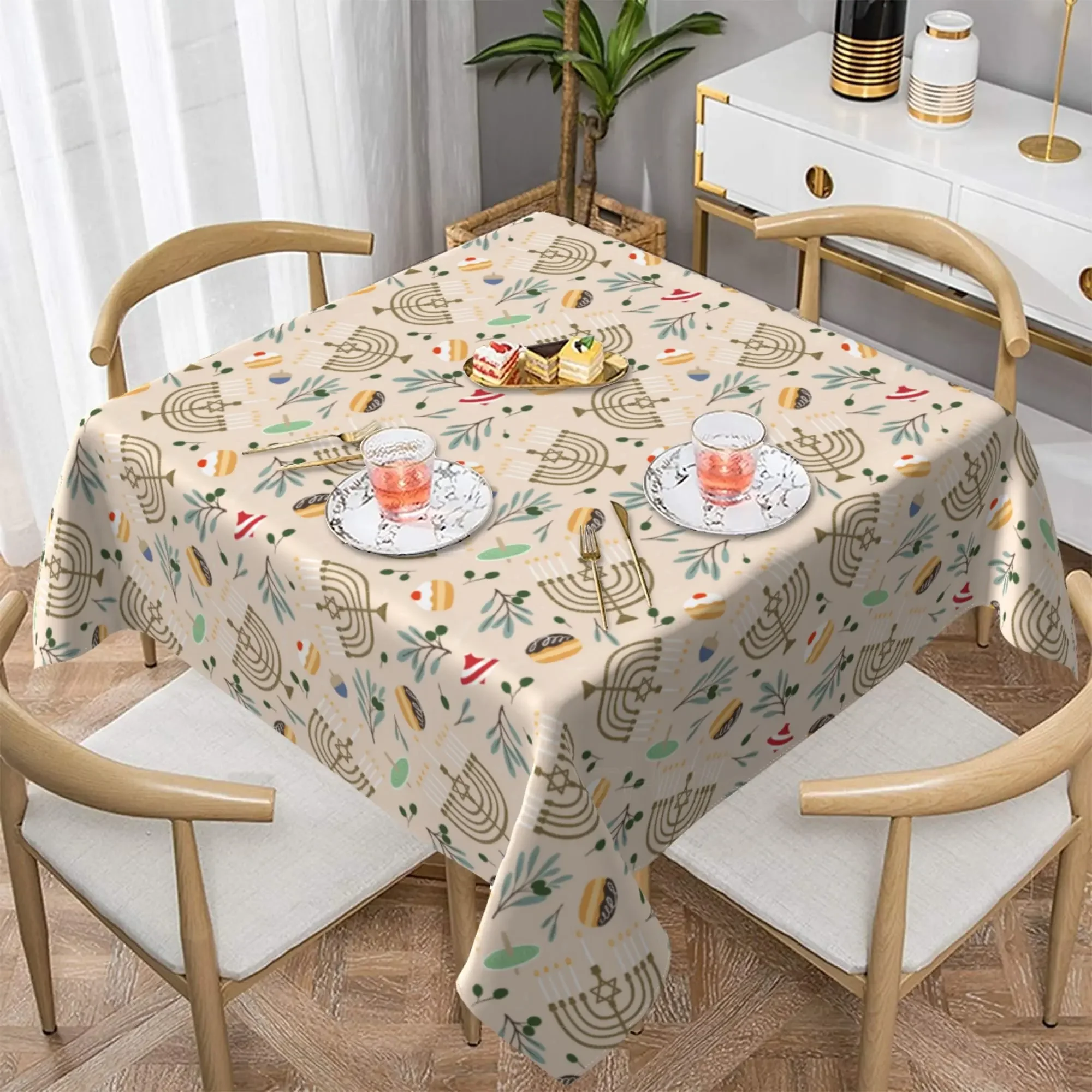 Happy Hanukkah Festival Light Square Table Cloth Kitchen Dining Table Decor Tablecloth Water Resistant Spill Proof Table Cover