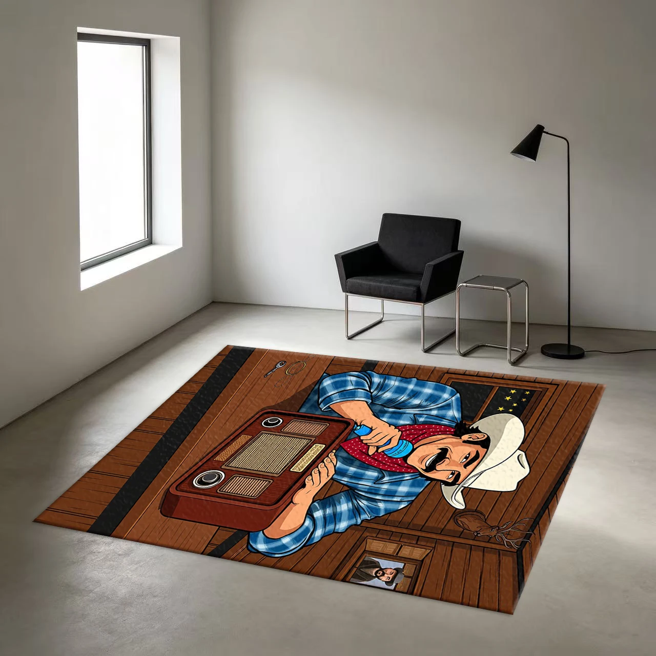 Retro Cartoon Cowboy Style Vintage Radio-Style Carpet, Non-Slip Printed Carpet Suitable for Game Room, Study, Western-Style Home Floor Decoration