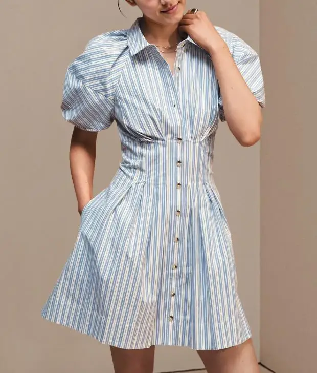 

Summer New Elegant Fashionable Ladylike Style Color Blocked Striped Print Lapel Waist Cinched Button Up Front Shirt Dress