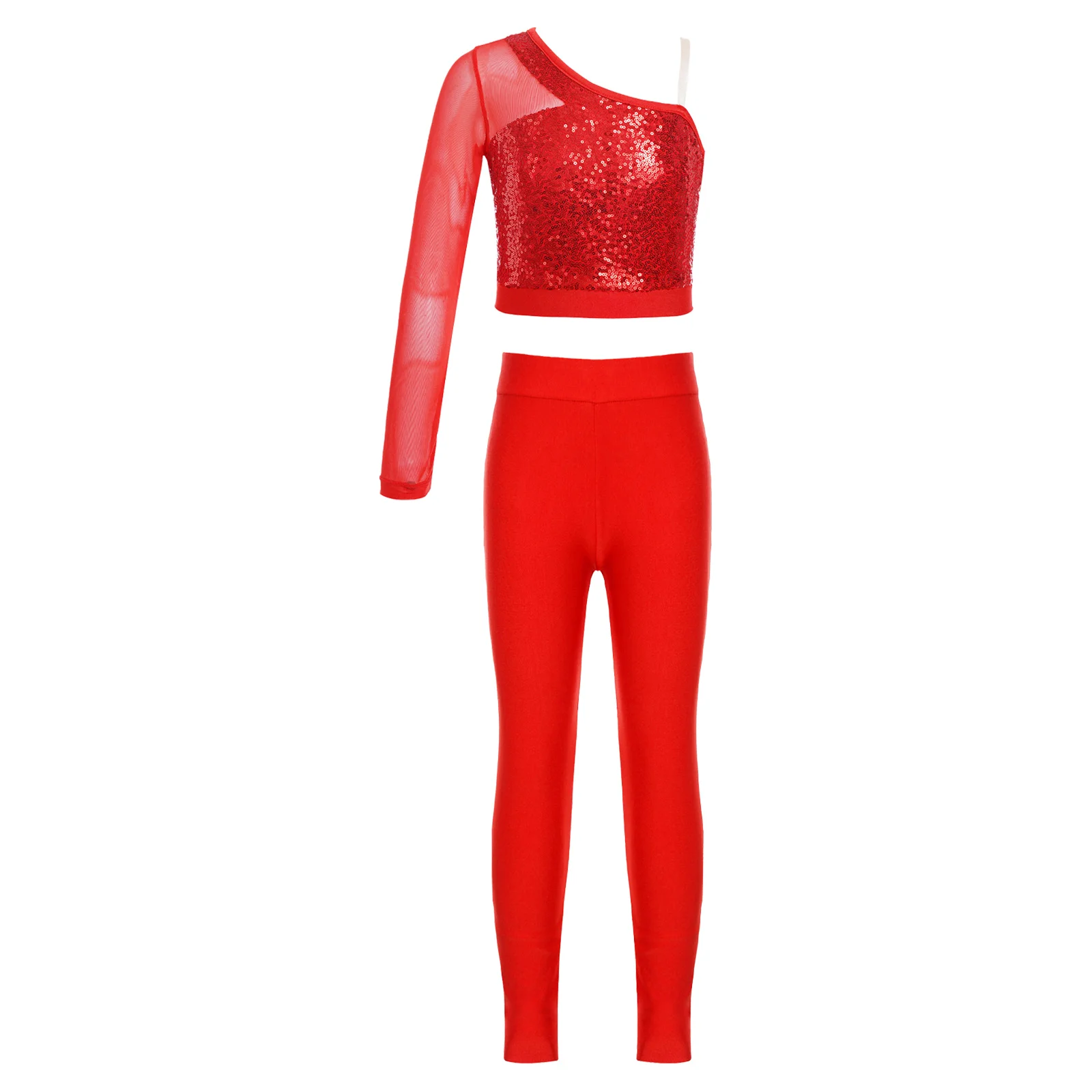 Kids Girls Jazz Dance Costume Shiny Sequins Sheer Mesh Long Sleeve Top Shirt Stretchy Leggings Pants Hip Hop Street Dancewear