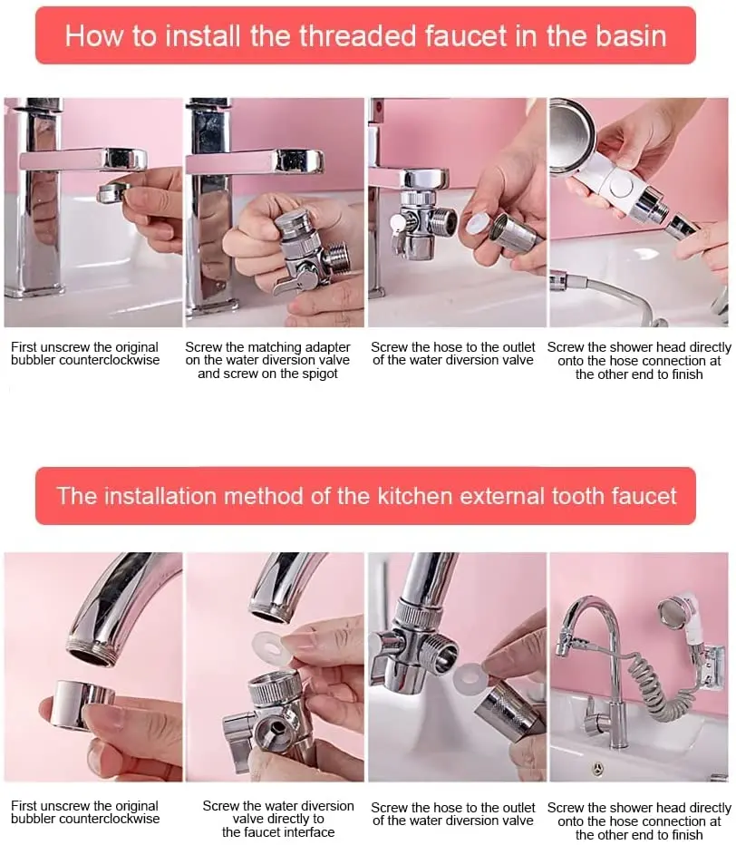 Zloog Kitchen Faucet Diverter Valve with shower head Tap Adapter Splitter Set Bathroom Tap Water Diversion Shower Set for Salon