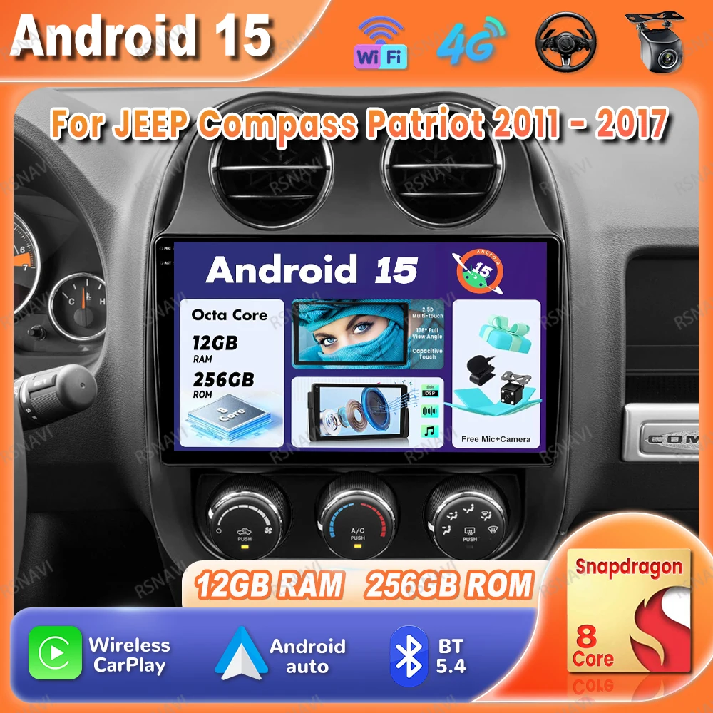 

Car Radio Android 15 For JEEP Compass Patriot 2011 - 2017 GPS Stereo Autoradio Viedo Player 4G LTE BT 5G WIFI DSP Navigation DVD