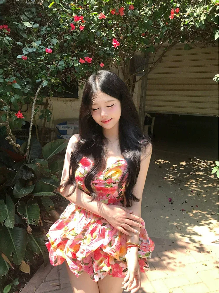 XZY Sweet Floral Print Halter Dress Women's plus Size Summer Waist Cinched Fairy Puffy Short Skirt Beach Casual High Waist Pr...