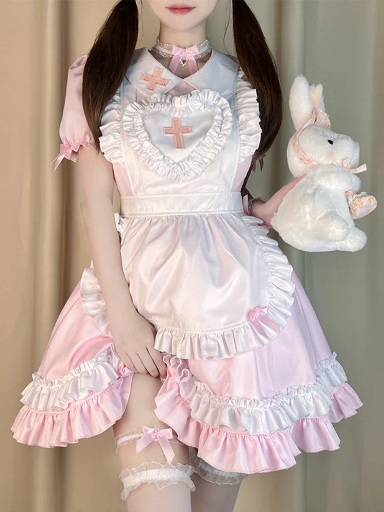 

Cream Sweetheart Pink Lolita Dress Cute Girl Maids Wear Uniform Short-sleeved Nurse Costumes Dresses Japanese Maid Lolita Dress