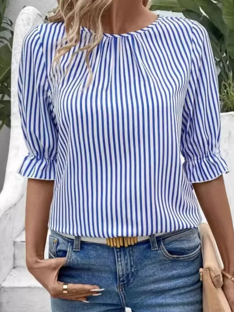 

New Fashion Striped Blouse Women Casual Round Neck Short Sleeve Buttons Tops Shirt Elegant Office Commuting Clothing 2024 Summer