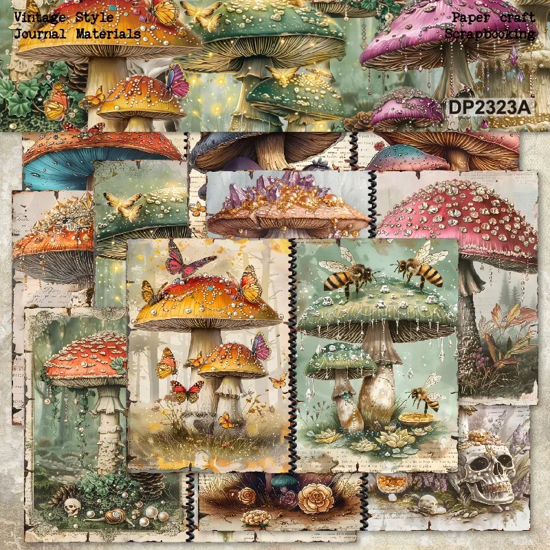 JIANWU 8 Sheets Vintage Character Flower Mushroom Landscaping Collage Decor Material Paper Creative DIY Junk Journal Stationery