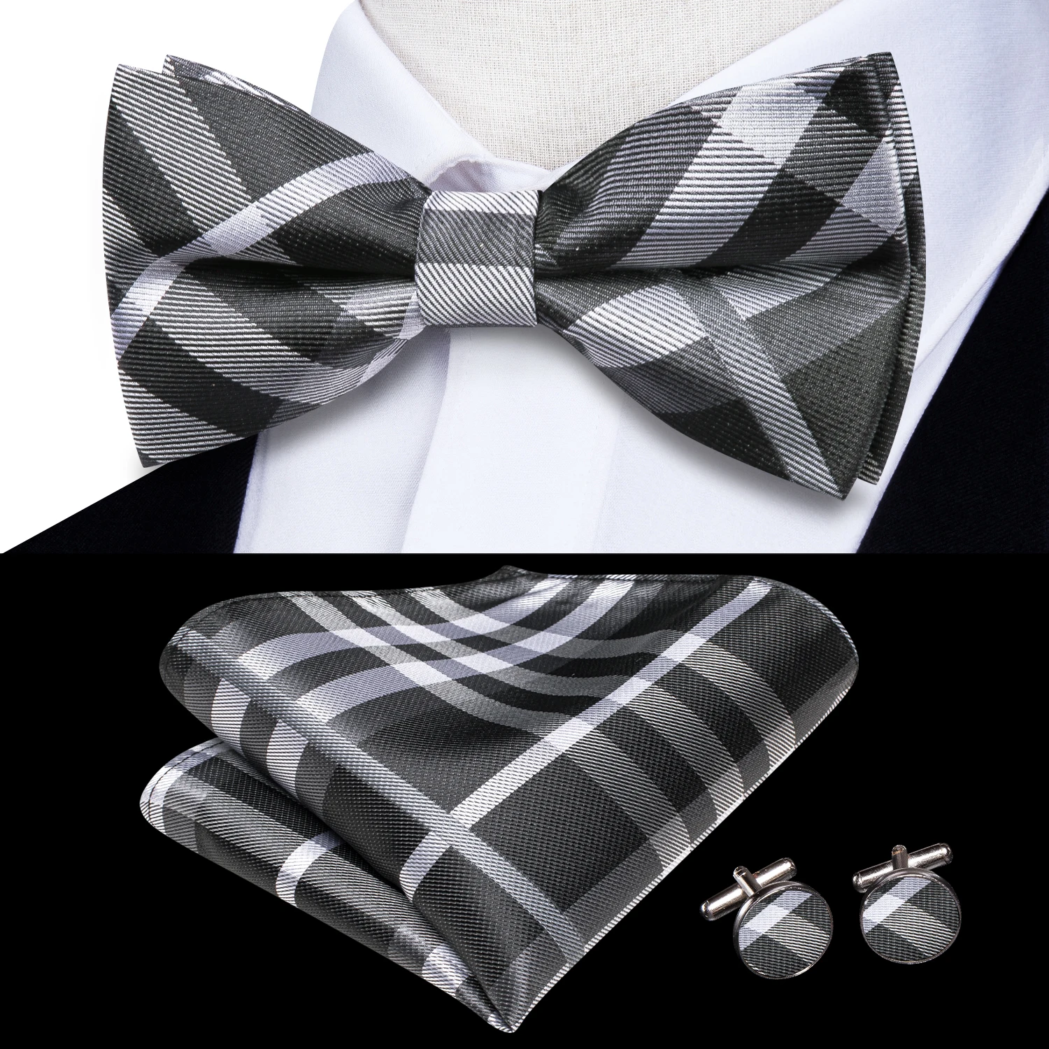 Hi-Tie Grey Plaid Jacquard Silk Pre-tied Mens Bow Tie Hanky Cufflinks Set Butterfly Knot Bowtie for Male Wedding Business Party