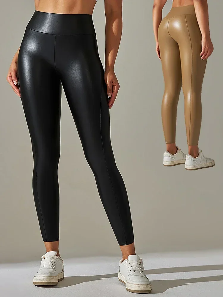 Leggings de cuero PU para mujer, pantalones deportivos ajustados elásticos sexis de cintura alta, mallas de cuero negras de talla grande para mujer,