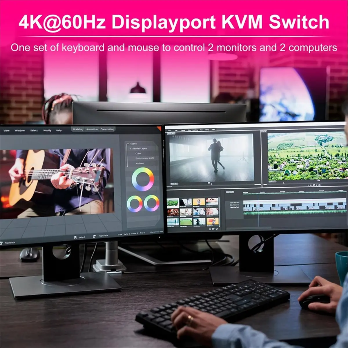 DP KVM Switch MST Dual Monitor 2DP/USB3.0 in to 2HD Out 4K 60Hz 2 PC or 2 Laptops Share Keyboard Mouse Printer EU Plug