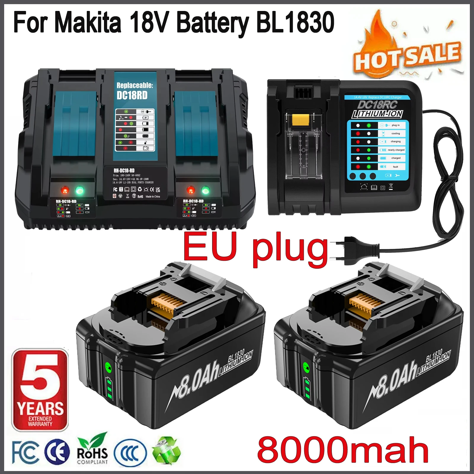 Batterie de remplacement 18V 8000mAh pour Makita BL1830, compatible avec les outils électriques Makita BL1830 BL1850 BL1860 BL1850B BL1840B 18V