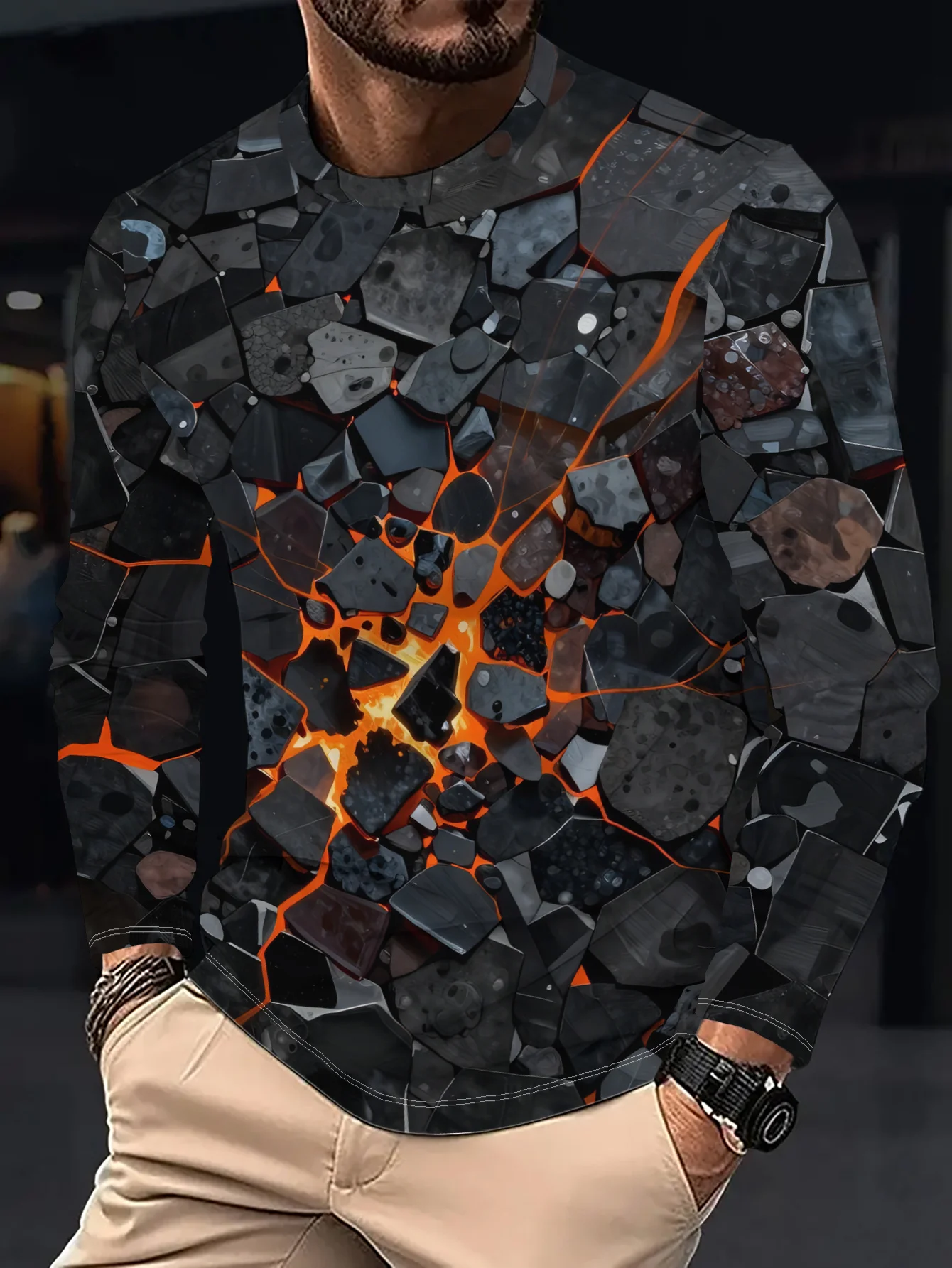 Men Long Sleeve T‑Shirt Cracked Lava Rock Texture Print Crew Neck Streetwear Casual Tops