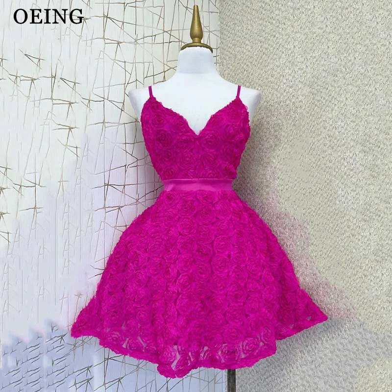 

OEING Fuchsia Prom Dress Simple Spaghetti Strap V Neck Flowers Homecoming Dresses Shiny Special Occasion Gowns Vestidos De Festa