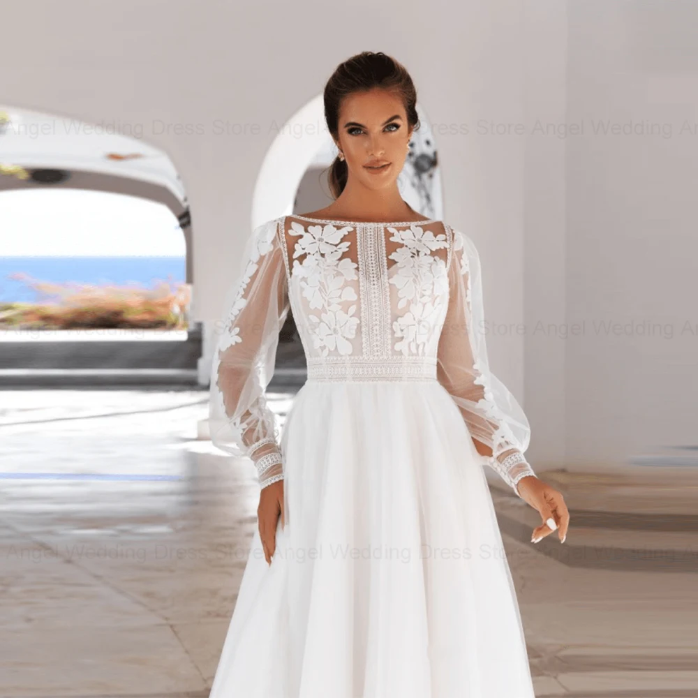 ANGEL Princess Wedding Dress Scoop Puff Sleeves Lace Applique Bride Gowns Tulle A-Line Sweep Train 2024 Vestidos De Novia