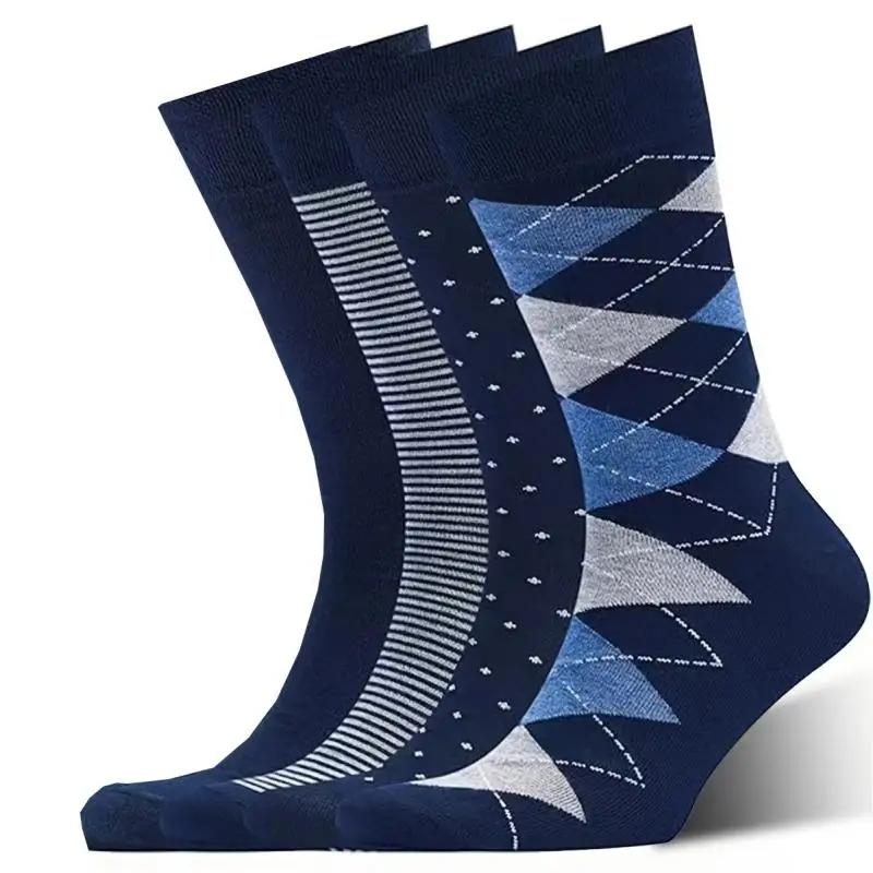 1 Pairs Mens Blue Cool Argyle Dress Socks High Quality Combed Crew Stripe Socks Blue Breathable Casual Socks For Men