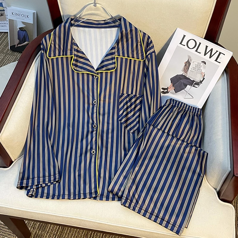 Autumn Winter New Soft Striped Sleepwear for Women Classics Streak Pajamas Women Lapel Cardigan Sets for Women 2 Pieces Set