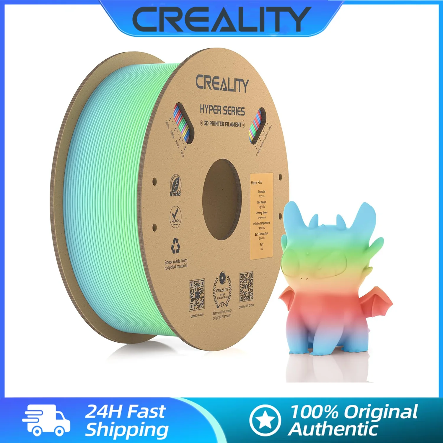 Creality 3D non-Toxic Rainbow Hyper PLA plastics 1.75mm 1kg (2.2lbs) 3D Printer Filament Designed for High Speed Printing