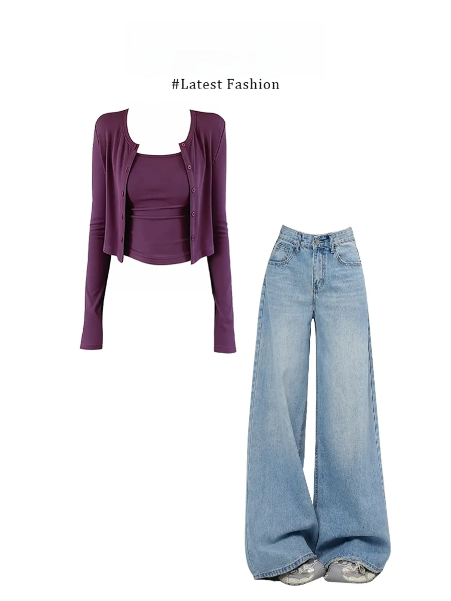 

Parkyeon Korean Style Simple Purple Strap Vest Outer Cardigan Women's Early Spring New Denim Pants Set Casual Fashion Ensemble