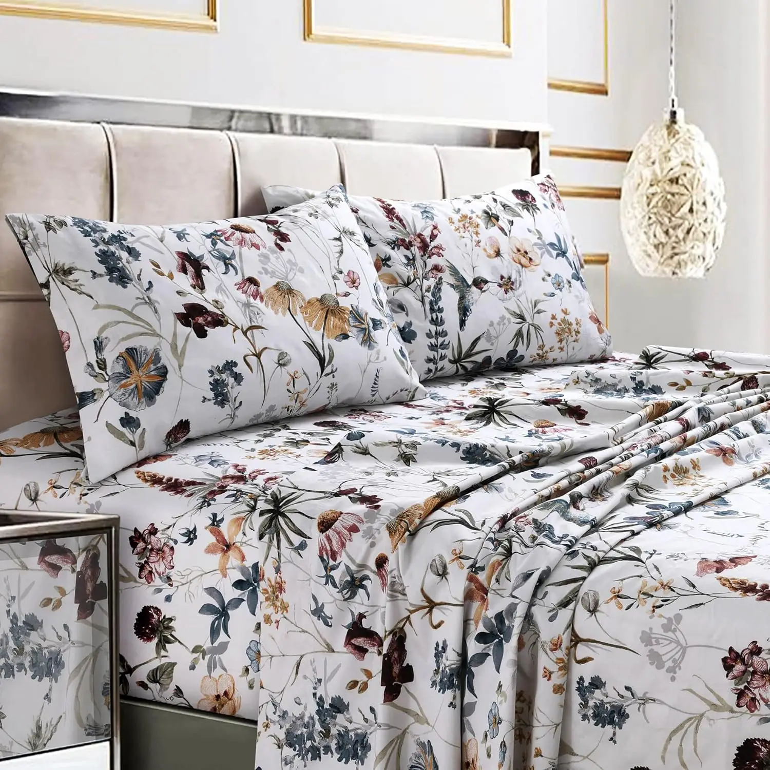 

Queen Bed Sheet Set, 300 Thread Count Soft Cotton Sateen, Floral Print With Extra Deep Pockets, 4-Piece Bedding Set, Amalfi