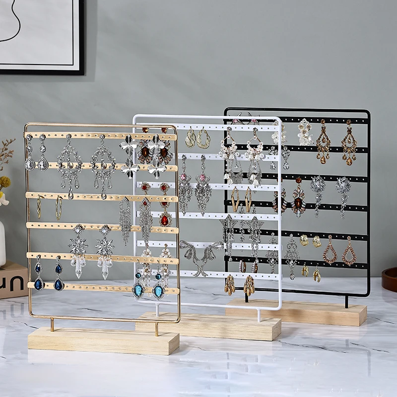 3 Sizes Metal Earring Display Stand Solid Wood Base Multi Tier Jewelry Organizer Rack Earring Stud Pendant Necklace Holder Retai