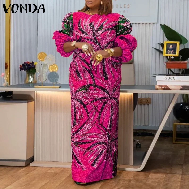 

VONDA размера плюс 5XL, женские платья макси, богемные платья с длинными пышными рукавами и принтом, Vestidos, повседневный свободный винтажный сарафан, халат большого размера