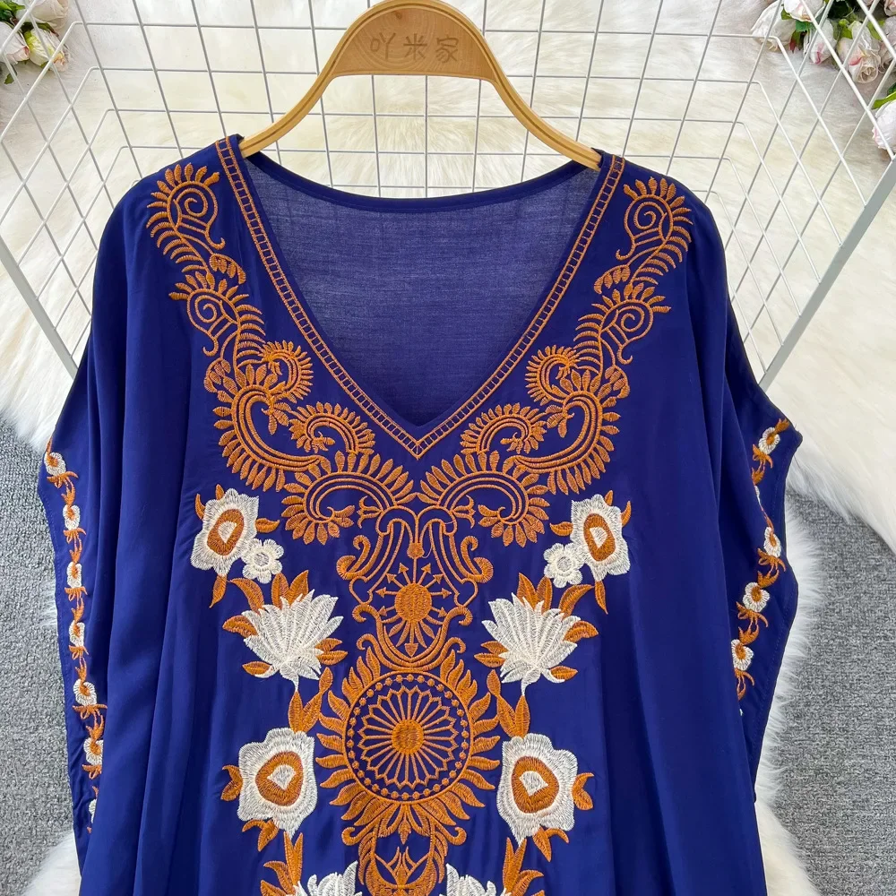 Womens Boho Embroidered Swimsuit Cover Up Pluse Size Loose Fit Casual Tunic Top Dress Resort Wear Beachwear Women Dresses