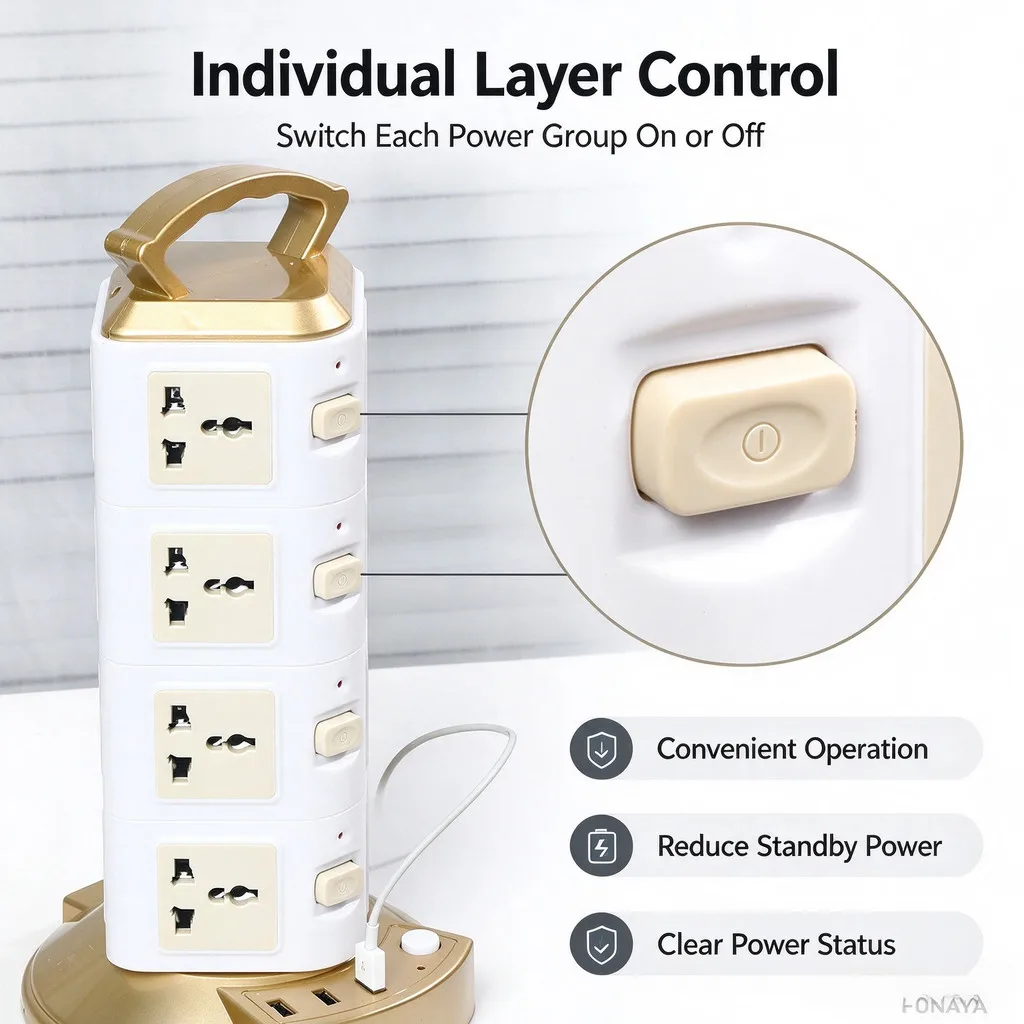 FUNAYA Tower Desktop Vertical Extension Socket Multi Plug with EU US UK AU Plug USB Overload Protection Office Electric Outlets