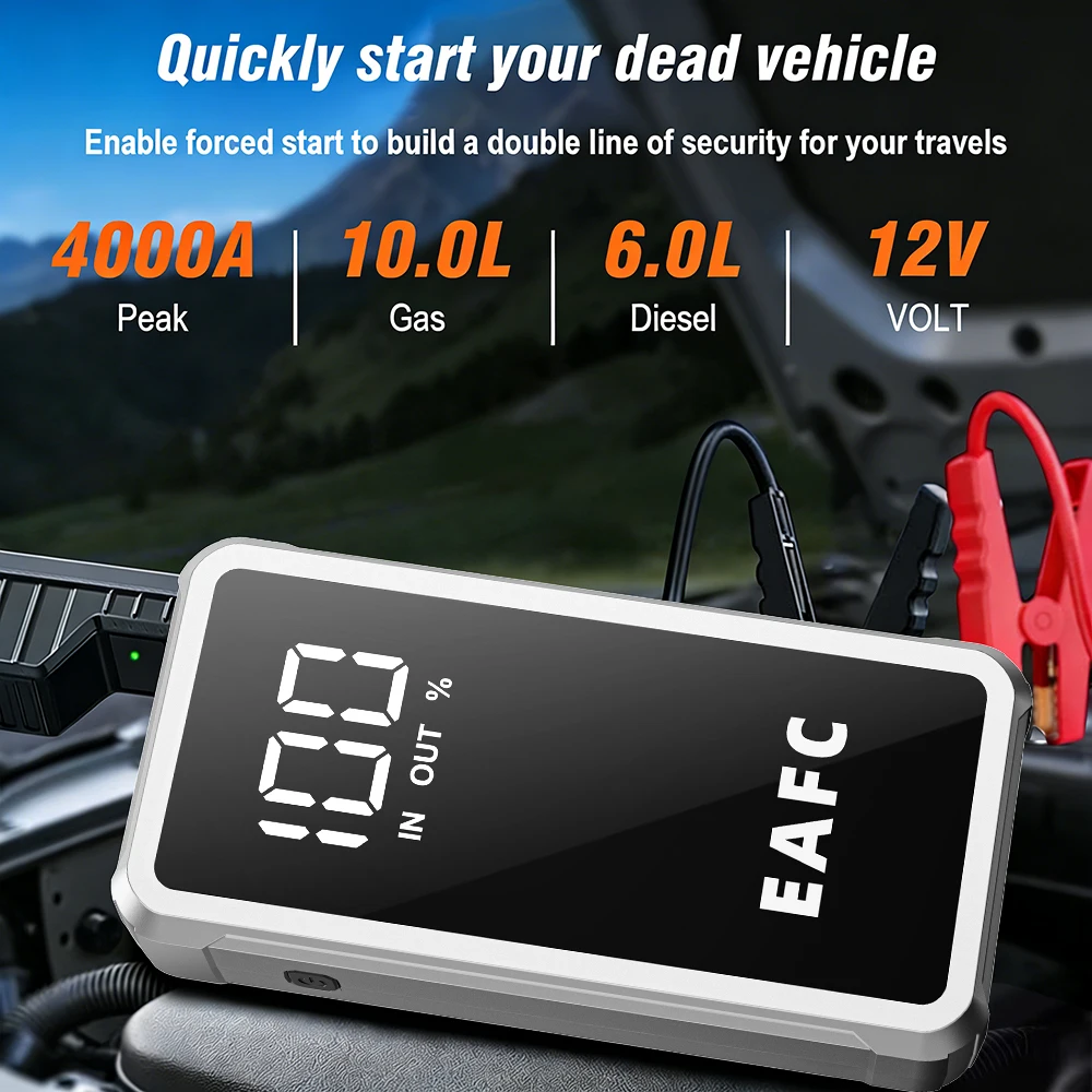 Démarreur de batterie portable 4000A, power bank pour voiture, démarreur d'urgence pour véhicules 12V, compatible essence 10.0L et diesel 6.0L