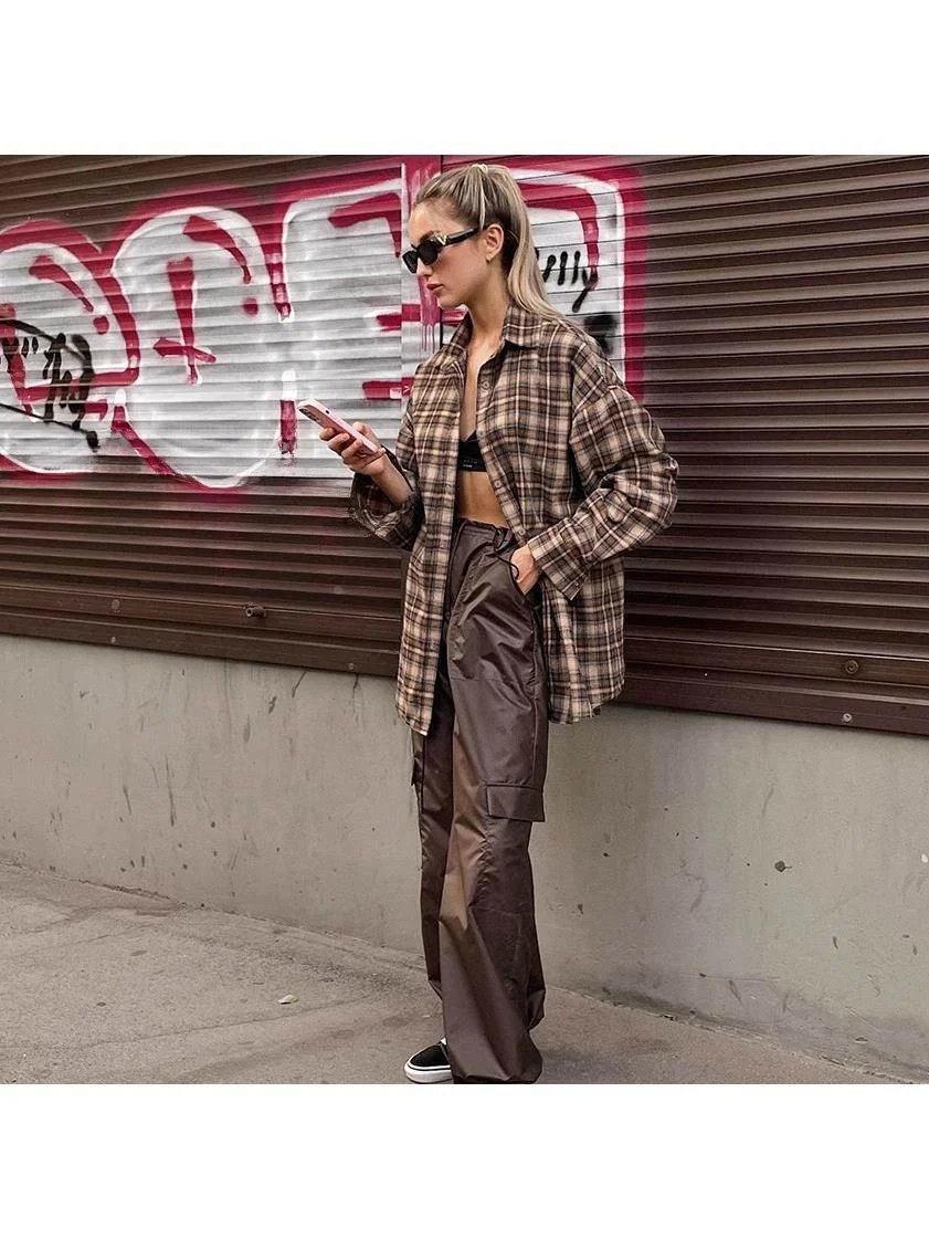 

Loose Fit Women's Long Cheered irt Vintage Plaid Loose T-irt Fem Faion Winter Collection Triacetate Fiber 00%