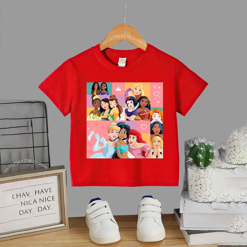 Disney Teen 100% Cotton T-shirt Baby Baby Top Printed playful Barbie Princess Cotton T-shirt Boys Girls Comfortable casual short