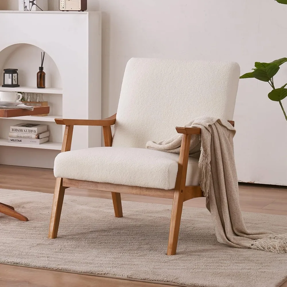 

Mid-Century Accent Chair Modern Retro Leisure Chair with Solid Wood Frame Upholstered Teddy Fleece Fabric Single Sofa Armchair
