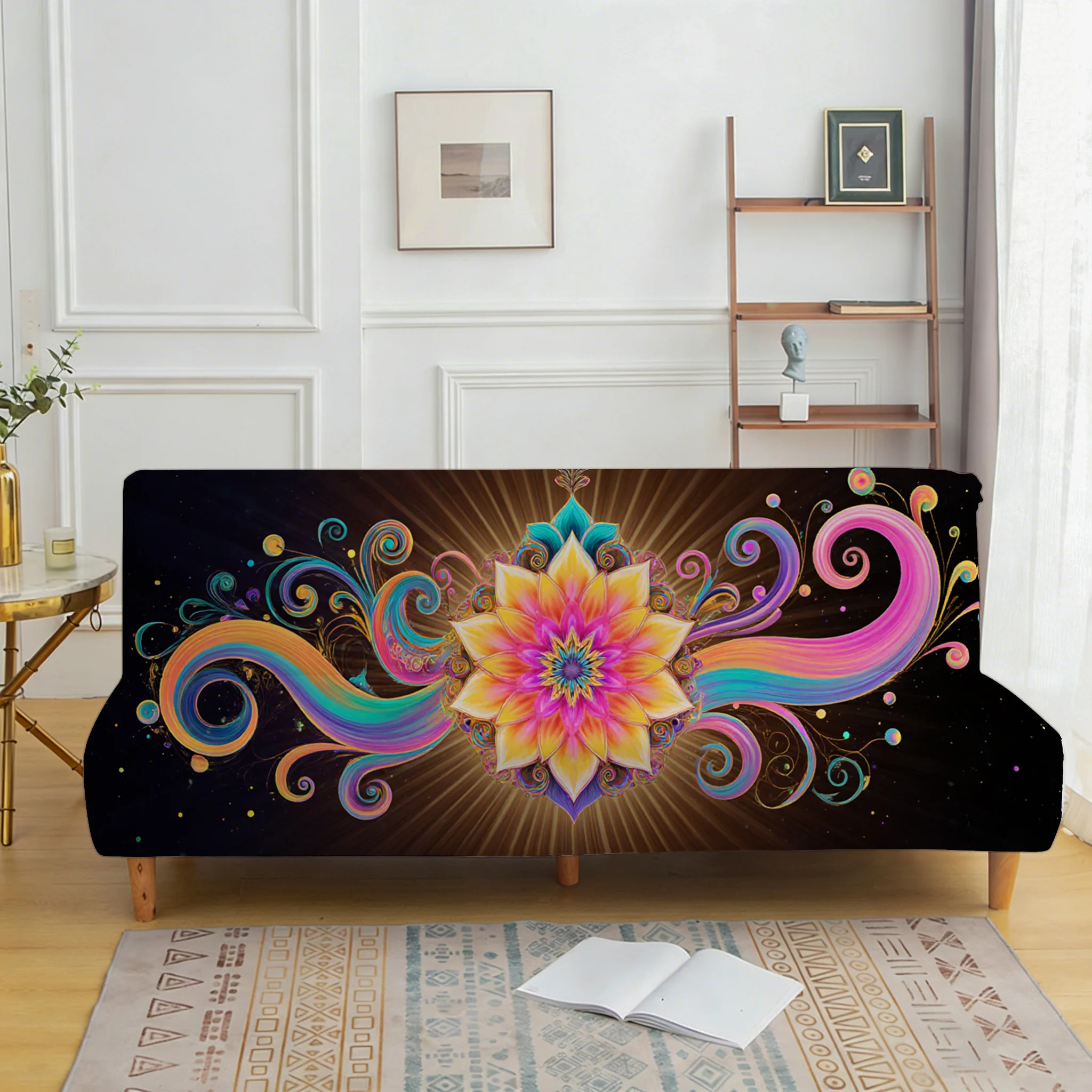 Living room universal elastic sofa bed cover, colorful luminous flower pattern, dustproof machine washable sofa bed cover
