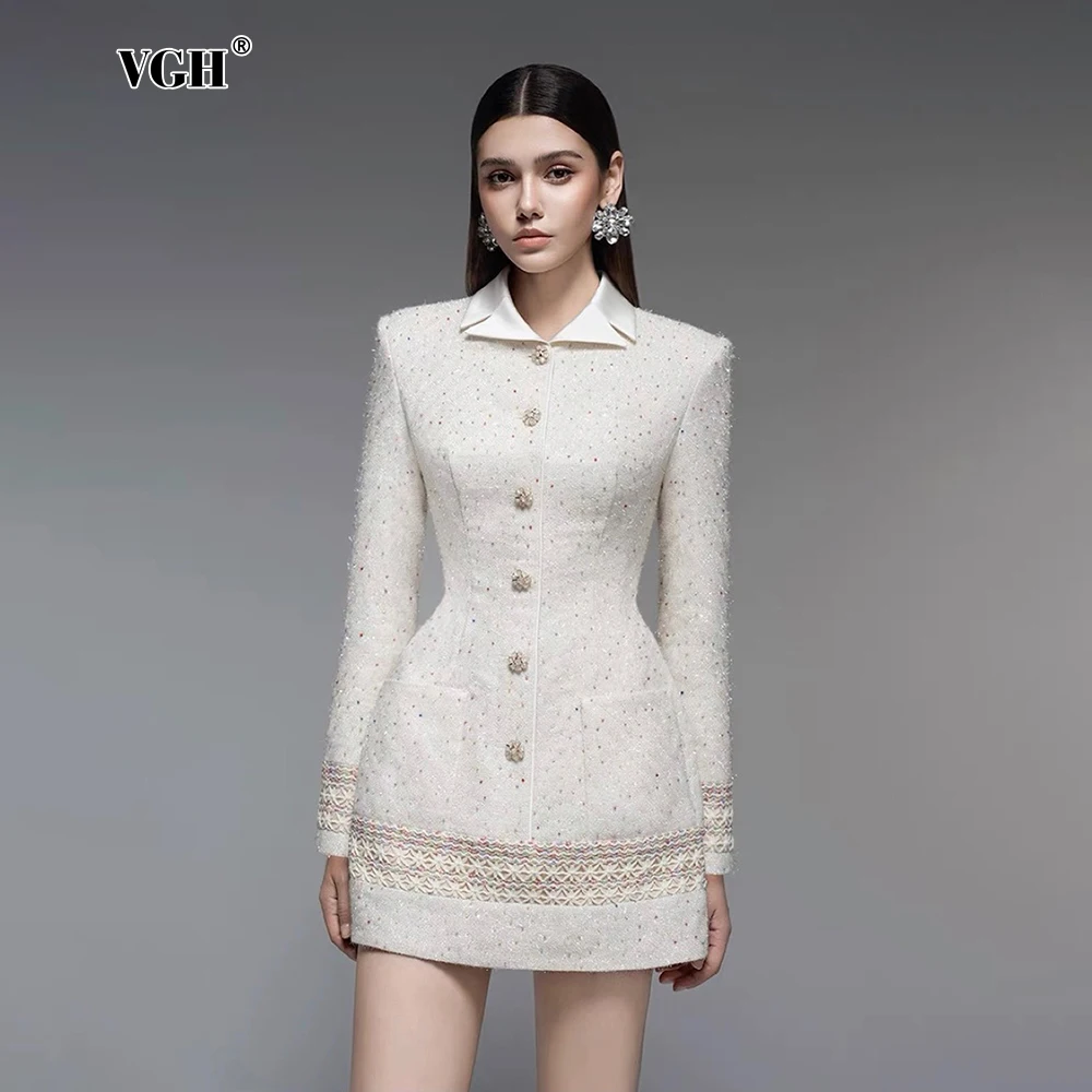 

VGH Elegant Floral Slimming Women Dress Lapel Long Sleeve High Waist Spliced Button Temperament Hit Color Short Dress Female New