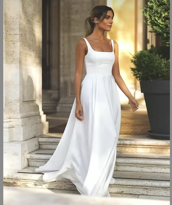 Hochzeitskleid, individuell anpassbar, quadratischer Kragen, A-Linie für Damen, atemberaubende, rückenfreie Brautkleider aus Satin, ärmellos, schlicht und elegant