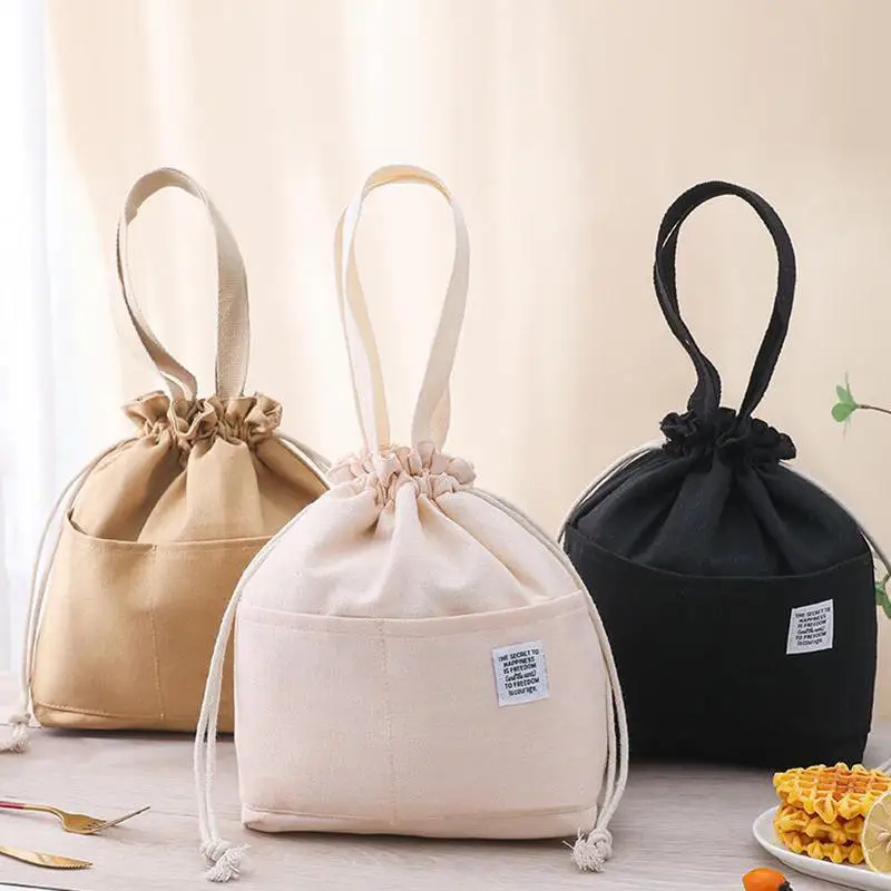 

1pc Drawstring Canvas Insulated Lunch Bag Aluminium Foil Thermal Bento Box Tote Cooler Handbags For Office Outdoor Picnic