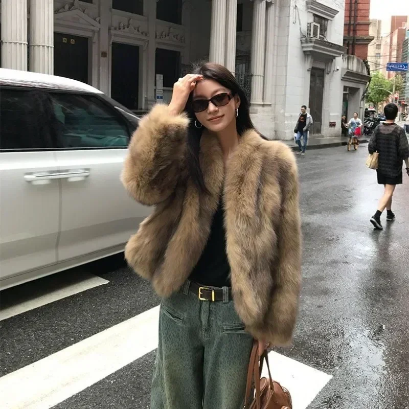 Luxury Brown Women's Fluffy Faux Fur Warm Short Coat Chic Lapel Collar Long Sleeve Furry Jacket Winter 2024 Lady High Streetwear