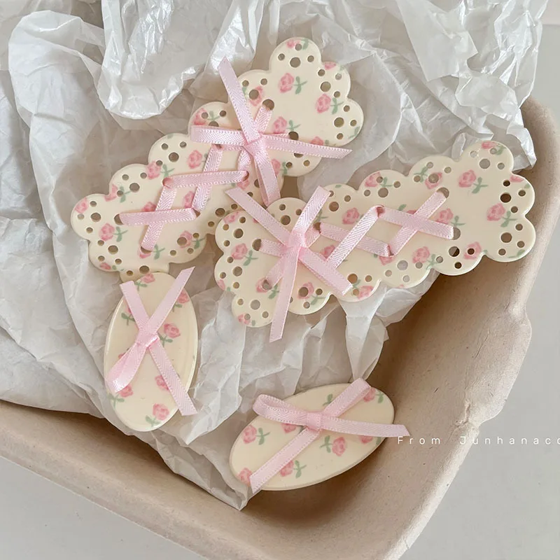 Floral Pink Bowknot Ribbon Barrettes Gentle Clip Duckbilled Hair Accessories Side Clip Hairpin Female