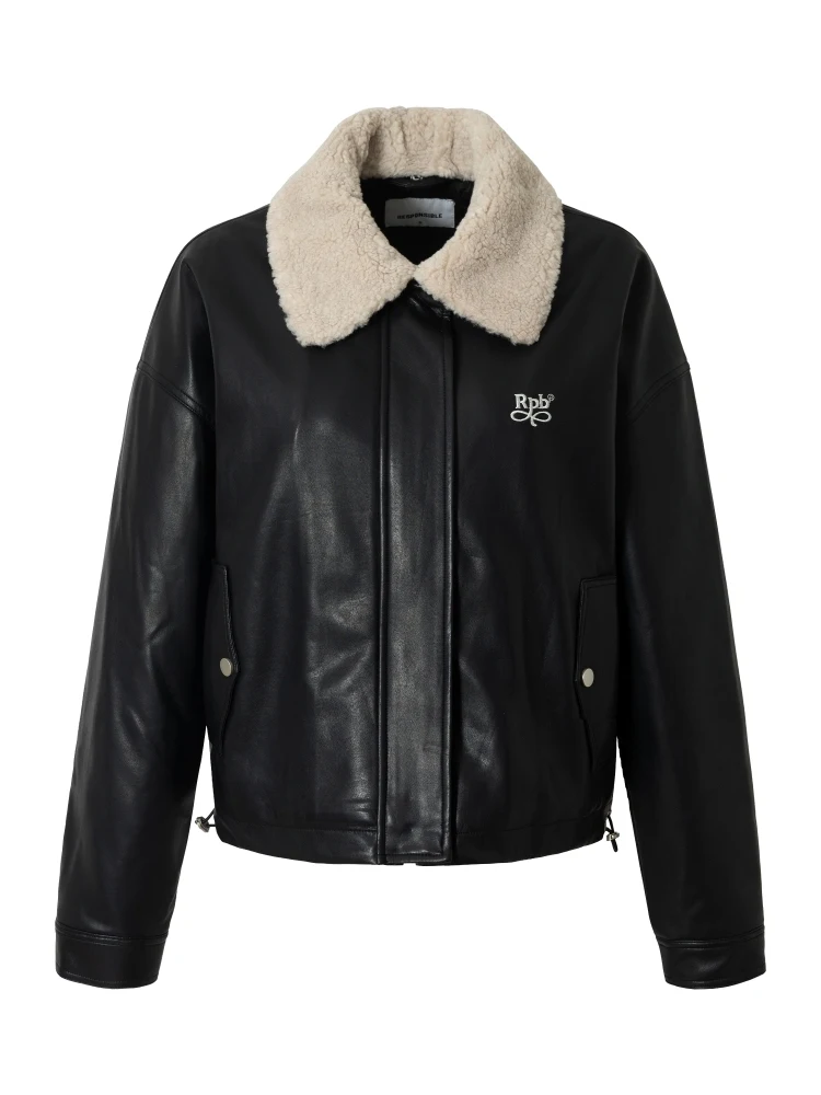 RPBブランド ウォーム シー レトロ ラージ ファーカラー PUレザー ジャケット レディース オルト ルーズコート トップ ヴィンテージ スレ ロング スリーブ ジッパー クロ...