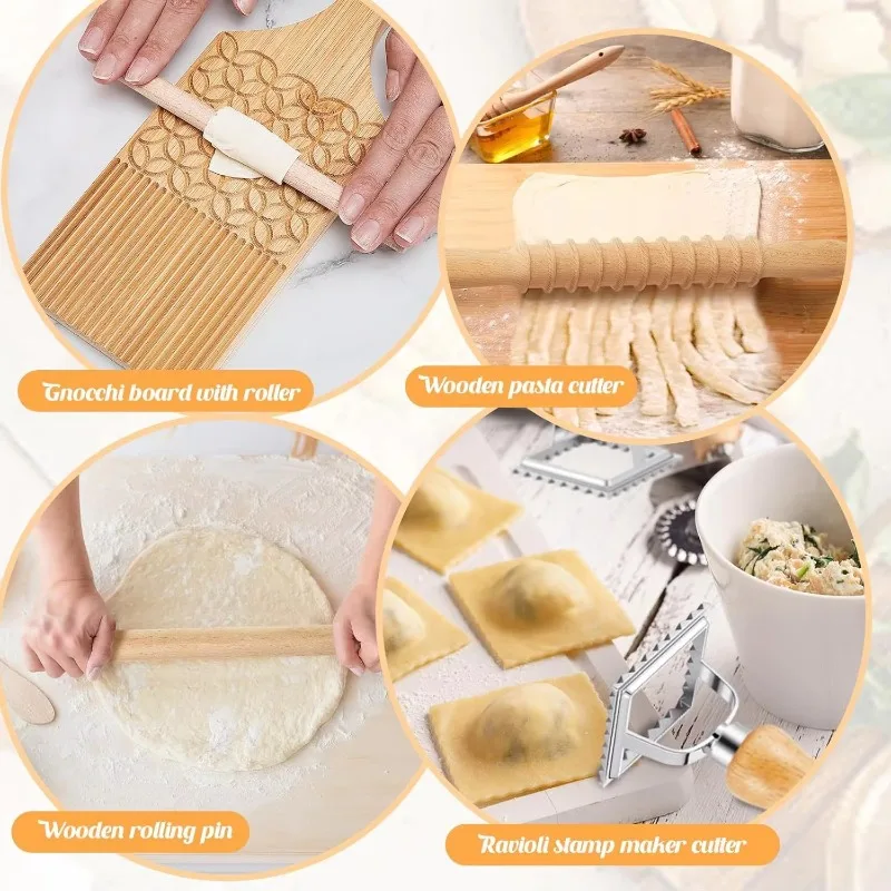 Pasta making tool set includes cutter, with roller set, noodle board wooden pasta cutter and noodle stick