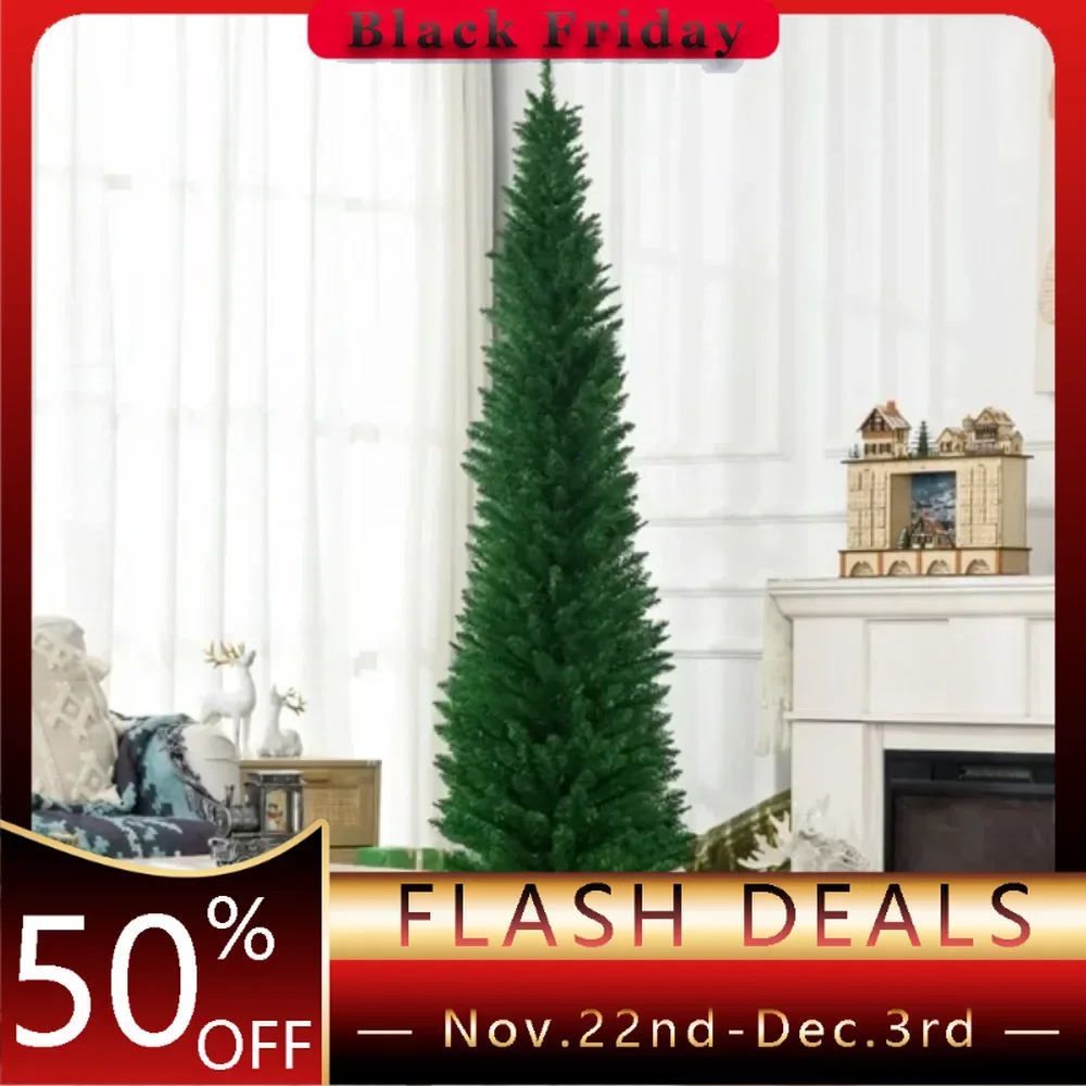 7' Artificial Pencil Christmas Tree, Slim Xmas Tree with 499 Realistic Branch Tips and Plastic Stand, Light Green