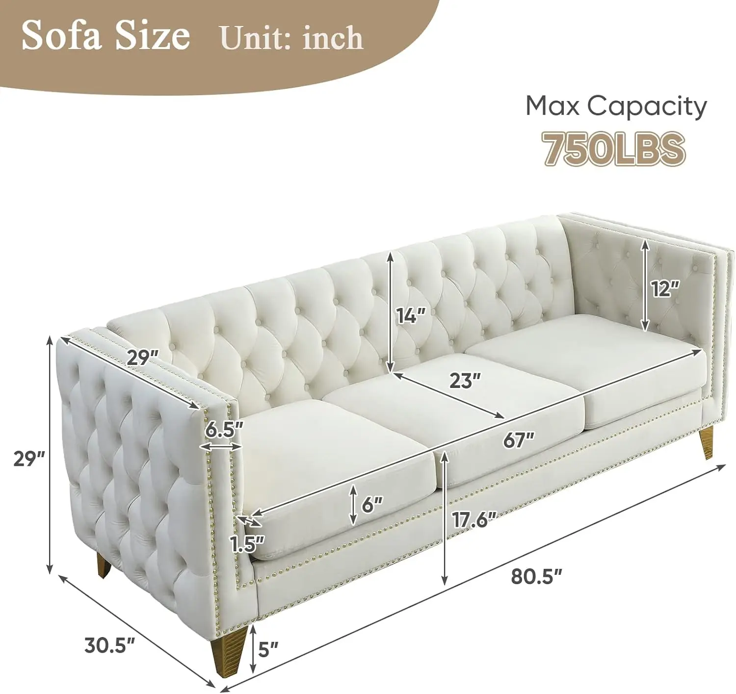 Comfy Upholstered Couches for Living Room, 80-inch Modern Button Tufted 3-Seater Sofa w/Square Arm, 4 Golden Metal Legs