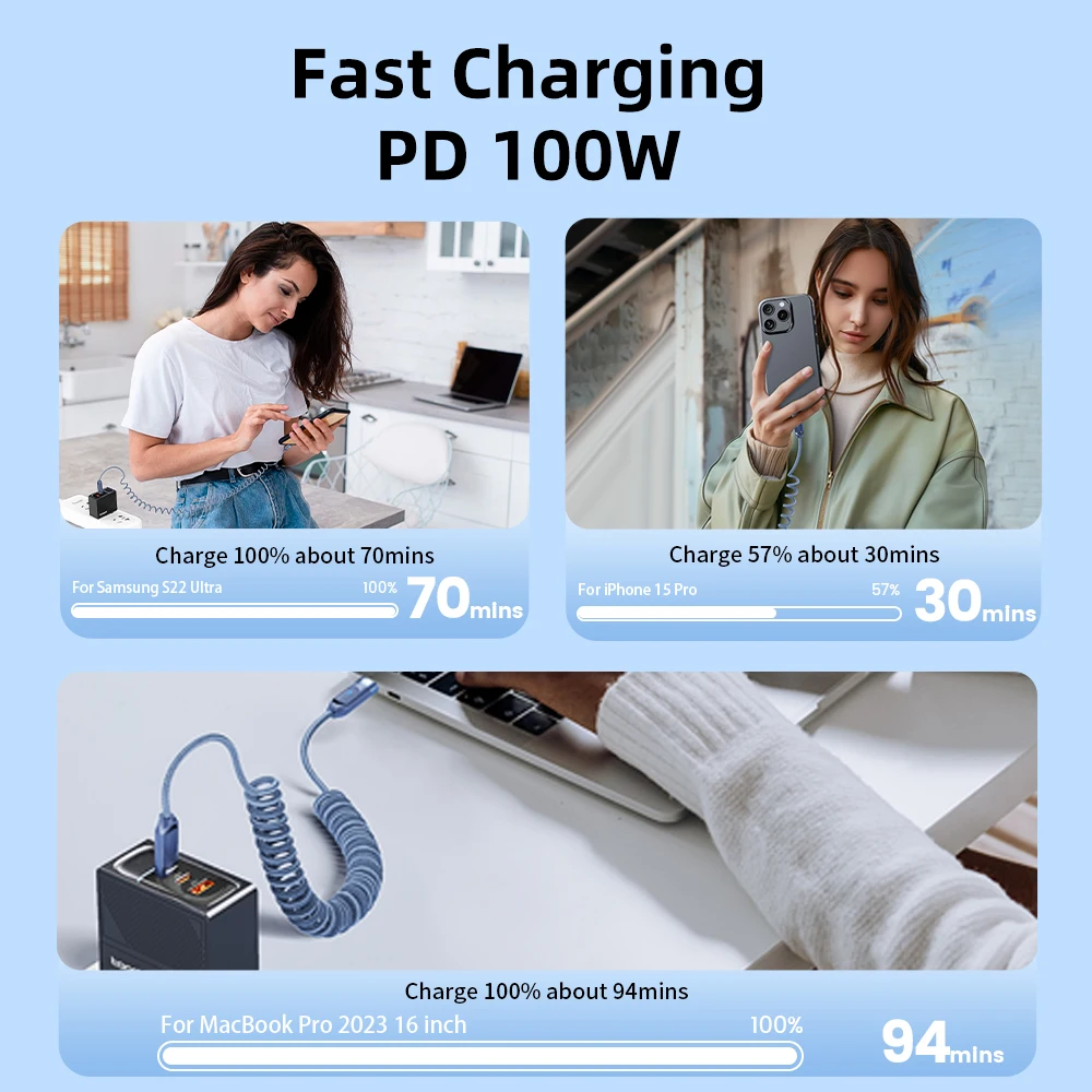 Toocki PD 100W 자동차 용수철 케이블, 아이폰 15 삼성 화웨이 샤오미 PC용, 텔레스코픽 USB C에서 C 타입 고속 충전 케이블