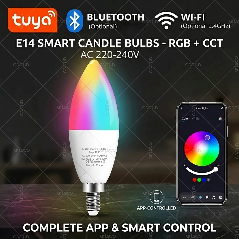 Tuya E14 LED Smart Candle Bulb RGBCW dimmbare Lampe 5 W, WLAN oder Bluetooth, Smart Life APP Sprachsteuerung über Alexa Google Home, 220 V
