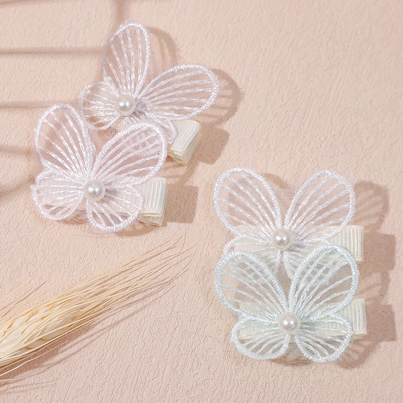 4Pcs/set White Polyester Pearl Butterfly Embroidered Lace Hair Clip for Girls Fashion Cute Seamless Hair Grips Kids Headwear Set