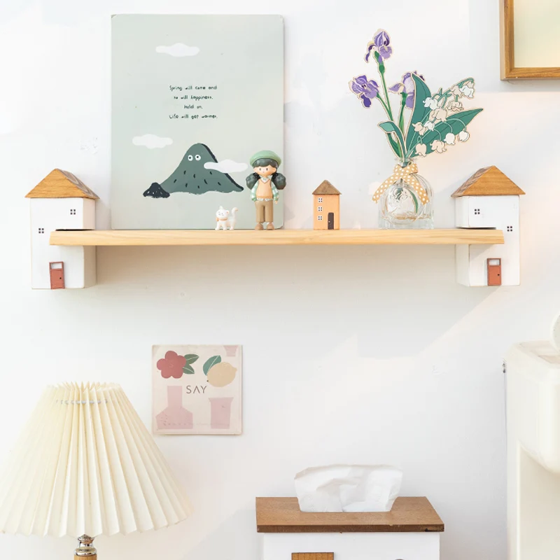 Japanese style wall mounted wooden storage rack, wall mounted bookshelf above desk, living room wall decorative flower rack